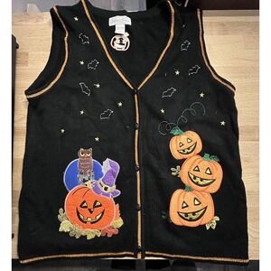 Vintage‎ Halloween Pumpkin Embroidered Sweater Vest Women's L Fashion Avenue